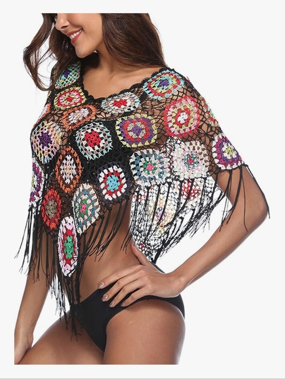 Boho Crochet Fringe Swim Cover-Up in Black with Multicolor Motifs - Picture 5 of 5